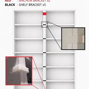 May include: IKEA BILLY BOOKCASE UNIT CONNECTOR BRACKETS. RED: ANCHOR BRACKET x2. BLACK: SHELF BRACKET x5. The image shows two white bookcases side-by-side with red and black brackets highlighting connection points, including two zoomed-in views.