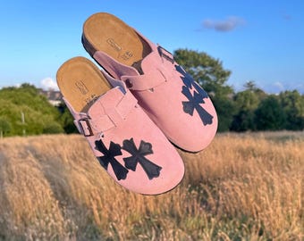 Custom Pink Suede Clogs with Black Chrome Hearts Cross Design