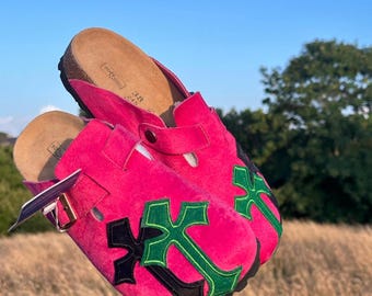 Custom Hot Pink Suede Clogs w/ Green + Black Cross Patches – Chrome Hearts Inspired | Statement Streetwear Mules | One-of-One | Unisex Fit