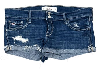 VTG Y2K Hollister Stretch Denim Shorts Dark Wash Distressed Cut Off Size 9 W29