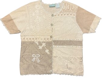 Vintage 220 Hickory Patchwork häkeln Floral bestickter Cardigan Pullover sz M
