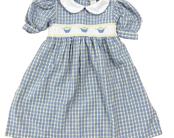 VTG Y2K Samara Girls Blue Yellow Plaid Smocked Dress Peter Pan Collar Size 5