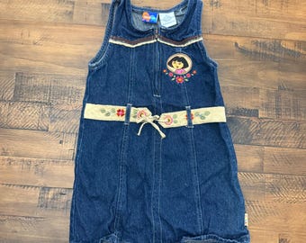 RARE Vintage Nick Jr Dora the Explorer Denim Jumper Dress Girls 5T  Floral