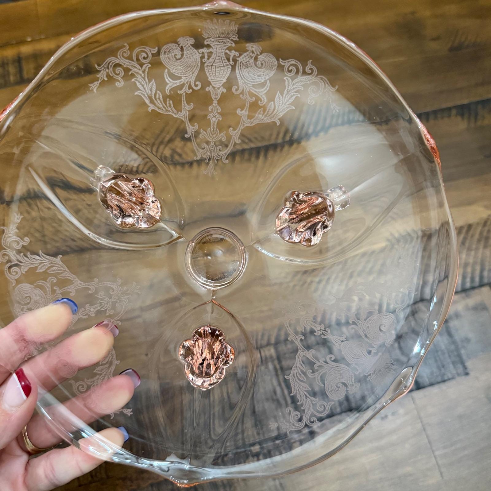 Vintage Pink Depression Glass Cake Stand Pedestal Etched Floral Design 8"