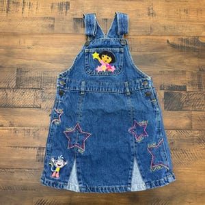 RARE VTG 2003 Nick Jr Dora the Entdecker Denim Overall Kleid Mädchen 4/5 Blaue Sterne