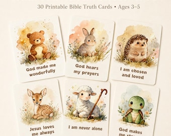 May include: Six rectangular cards titled Christian Affirmation Cards, 30 Printable Bible Truth Cards, Ages 3-5. Each card features a watercolor illustration of an animal—bear, rabbit, hedgehog, deer, lamb, or turtle—with text including God made me wonderfully, God hears my prayers, I am chosen and loved, Jesus loves me always, I am never alone, and God makes me strong.