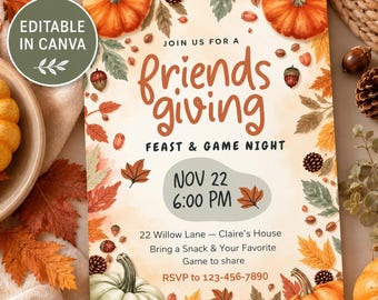 May include: A rectangular Friendsgiving invitation card featuring watercolor illustrations of orange and green pumpkins, autumn leaves, pinecones, and acorns. The text reads: Join us for a Friendsgiving Feast & Game Night, Nov 22 6:00 PM, 22 Willow Lane.