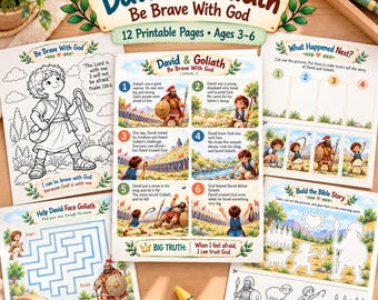 May include: A set of 12 printable activity pages titled David & Goliath Be Brave With God, featuring illustrations of the biblical story, coloring sheets, a maze, and sequencing tasks for children ages 3-6, displayed on a wooden surface.