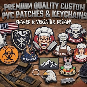 May include: A selection of custom PVC patches and keychains with rugged and versatile designs. Patches feature a US flag, chef-themed designs, a ghost, a biohazard symbol, a dog, a mountain scene, a rabbit, and an eagle. Text includes "Chef's Brigade", "No Leftovers", "Hot Sauce Warning", "K9 Sous Chef", "Grill Master", "Spice Queen", and "Eat More".
