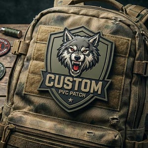 Könnte beinhalten: Ein Tarnrucksack mit einem großen PVC-Patch mit einem knurrenden Wolfskopf und dem Wort "CUSTOM". Mehrere andere individuelle Patches mit verschiedenen Designs und dem Text "CUSTOM PATCH CO." werden auf einer Holzoberfläche angezeigt.