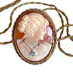 Vintage Shell Cameo with Diamond Necklace Signed