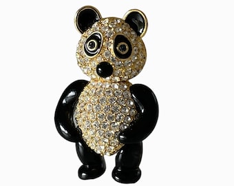 Joan Rivers Panda Brooch Articulated Cyrstal and Enamel