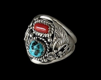 Native American Turquoise Coral Ring by Navajo Artist Leonard Spencer