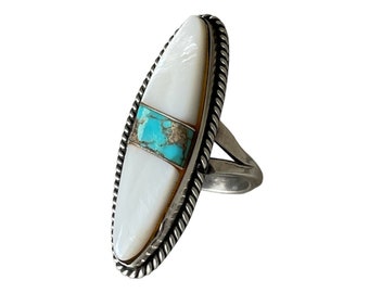 Vintage Turquoise Mother of Pearl Sterling Ring 8.5