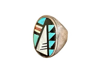 John Rosalie Bowannie Vintage Native American Zuni Silver Inlay Ring Size 10.5