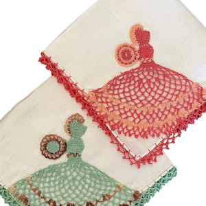 Pair Irish Linen Handkerchiefs Crochet Lady