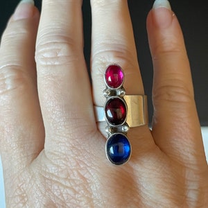 Vintage Pink Sapphire Garnet Blue Spinel Silver Ring Signed Modernist