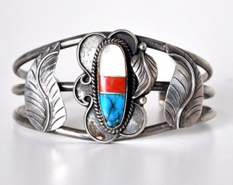 Native American Turquoise and Coral Sterling Cuff Bracelet