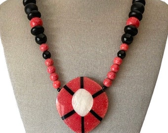 Vintage 80s Statement Pendant Necklace Red and Black