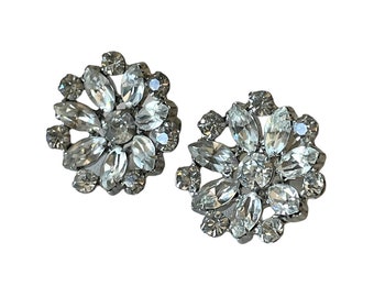 Vintage 50s Rhinestone Floral Clip On Earrings