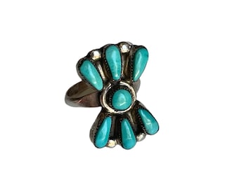 Vintage Zuni Turquoise Flower Ring Sterling Silver 6.5