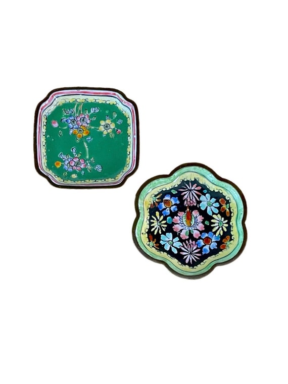 Pair Vintage Enamel Pin Dishes