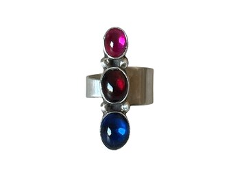Signed Modernist Pink Sapphire Garnet Blue Spinel Silver Ring