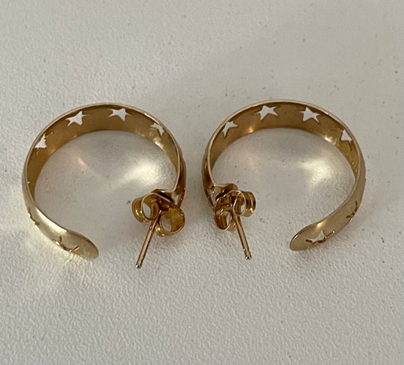 Vintage Star Hoop Earrings Gold Plated - image 7