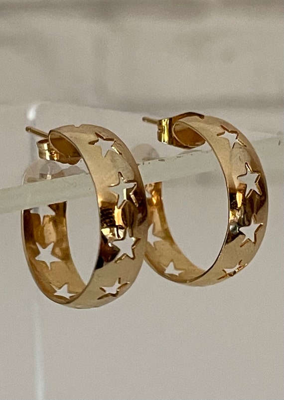 Vintage Star Hoop Earrings Gold Plated - image 5
