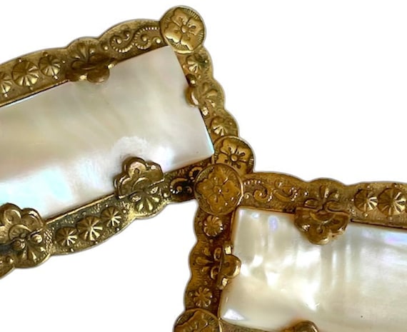 Pair Antique Victorian Brooches Mother of Pearl C… - image 1
