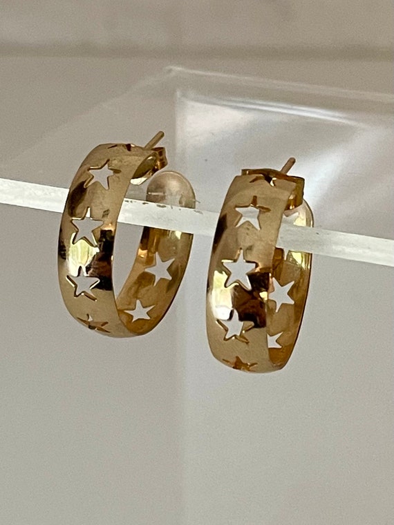 Vintage Star Hoop Earrings Gold Plated - image 3