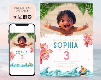 Baby Moana Geburtstagseinladung, bearbeitbare digitale Moana Geburtstagseinladung, Kinder Thema Party Einladung, digitale Baby Moana Vorlage