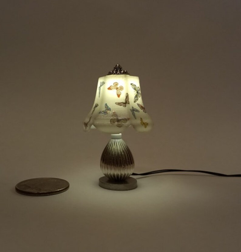 1 12 Dollhouse Miniature Erflies Themed Lamp With Fluted Metal Base Battery Operated External Wires