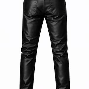 May include: Black leather pants with a classic five-pocket design. The pants have a straight leg cut and a shiny finish. The back view shows the pockets and belt loops. A stylish and edgy addition to any wardrobe.