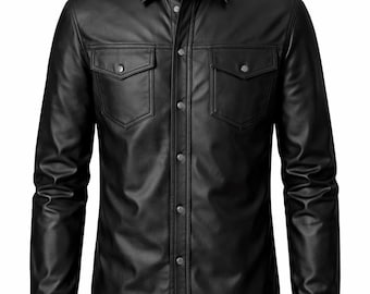 Valore Fox Black Leather Shirt For Men Genuine Leather Button Down Shirt Black Sheep Skin Leather Top Fashion Designer Festival Shirt