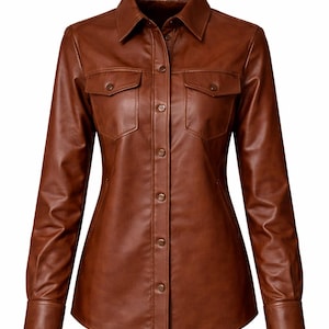 Camisa de piel de oveja marrón para mujer Valore Fox, blusa de piel auténtica con botones, blusa de piel hecha a mano, chaqueta de cuero ajustada estilo motero.