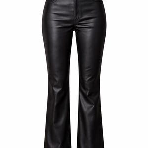 May include: Black faux leather pants with a high waist and flared leg. The pants have a classic five-pocket design and a button and zipper closure. The material has a slight sheen, giving the pants a polished look. A stylish addition to any wardrobe.