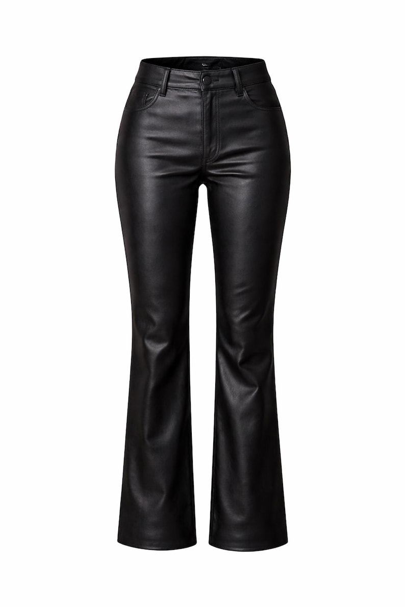 May include: Black faux leather pants with a high waist and flared leg. The pants have a classic five-pocket design and a button and zipper closure. The material has a slight sheen, giving the pants a polished look. A stylish addition to any wardrobe.