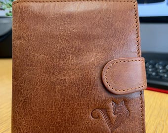 Męski portfel skórzany z prawdziwego brązu, składany, z blokadą RFID, na prezent dla mężczyzn