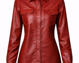 Valore Fox Women Red Leather Shirt, Genuine Sheepskin Leather Top, Leather Blouse, Handmade Real Leather Shirt, Biker Style Leather Shirt