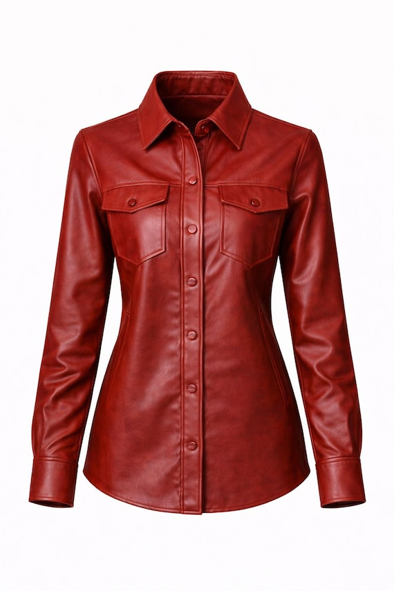 Valore Fox Women Red Leather Shirt, Genuine Sheepskin Leather Top, Leather Blouse, Handmade Real Leather Shirt, Biker Style Leather Shirt