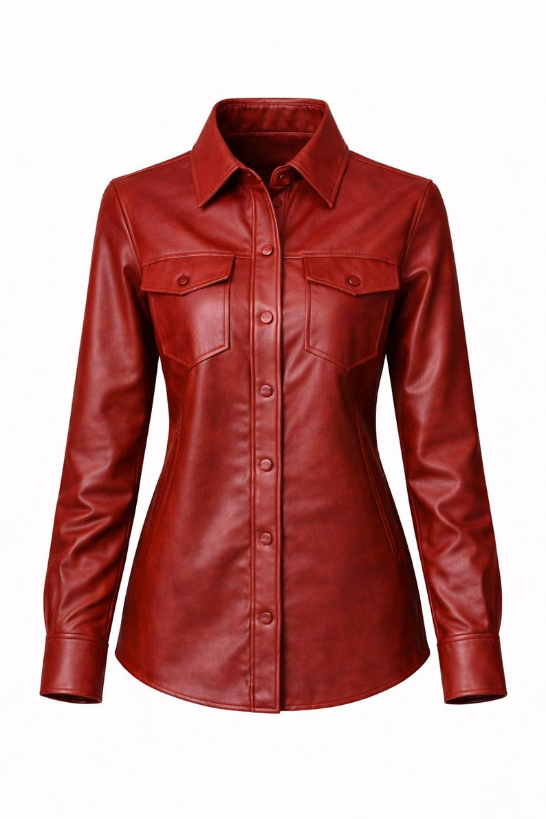 Puede incluir: Una camisa de cuero roja con cuello, dos bolsillos en el pecho y mangas largas. La camisa tiene una botonadura frontal y pu&ntilde;os abotonados. La prenda es de color rojo intenso.