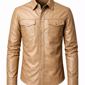 Camisa de cuero beige Valore Fox para hombre, camisa de cuero auténtico de corte entallado, camisa de cuero con botones, camisa minimalista de cuero para uso urbano.