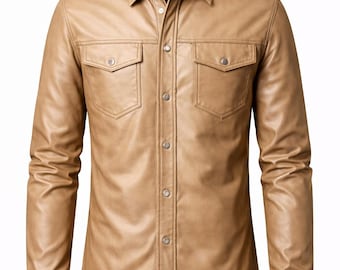 Valore Fox Beige Leather Shirt Men Slim Fit Real Leather Shirt Button Down Streetwear Leather Top Minimalist Leather Shirt