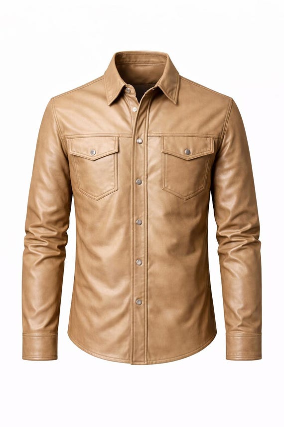 Valore Fox Beige Leather Shirt Men Slim Fit Real Leather Shirt Button Down Streetwear Leather Top Minimalist Leather Shirt
