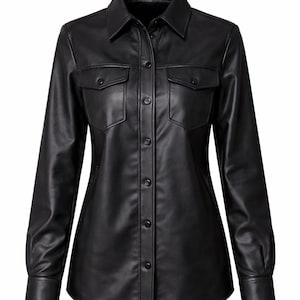 Camisa de cuero negro de lujo Valore Fox para mujer, blusa de piel de oveja auténtica, top de cuero abotonado hecho a mano, camisa de cuero de diseñador para mujer