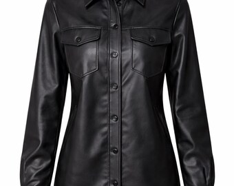 Valore Fox Luxury Black Leather Shirt Women, Genuine Sheepskin Leather Blouse, Handmade Button Up Leather Top, Designer Women Leather Shirt