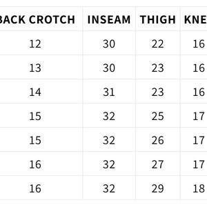 May include: A white chart displaying clothing size measurements. The chart includes sizes XS to 3XL, with measurements for waist, front and back crotch, inseam, thigh, knee, bottom, hip, and pant length in inches.