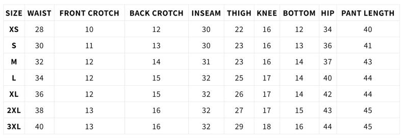May include: A white chart displaying clothing size measurements. The chart includes sizes XS to 3XL, with measurements for waist, front and back crotch, inseam, thigh, knee, bottom, hip, and pant length in inches.