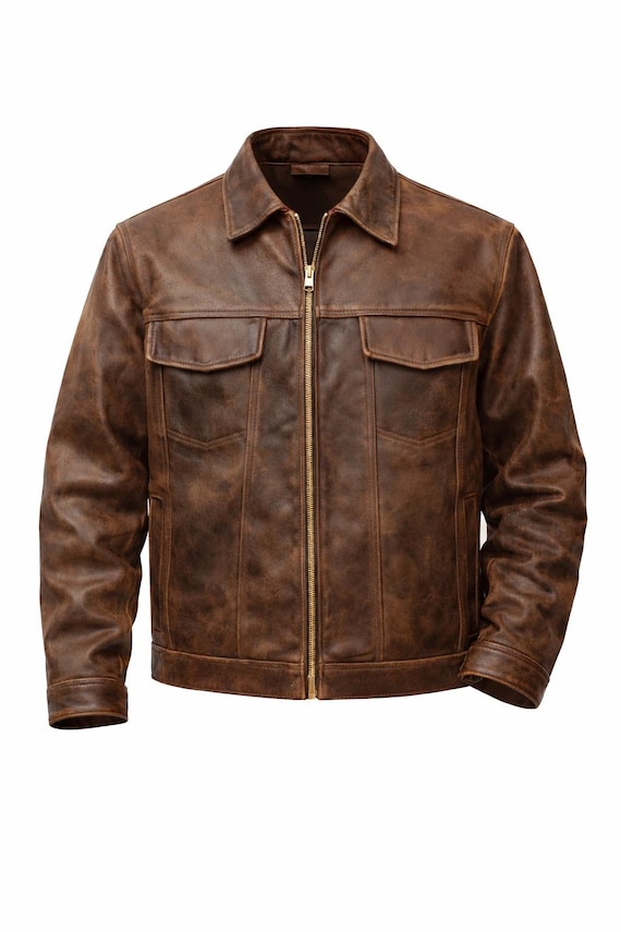 Valore Fox Mens Distressed Leather Trucker Jacket Dark Brown | Vintage Style Real Leather Jacket | Rugged Classic Western Biker Coat for Men